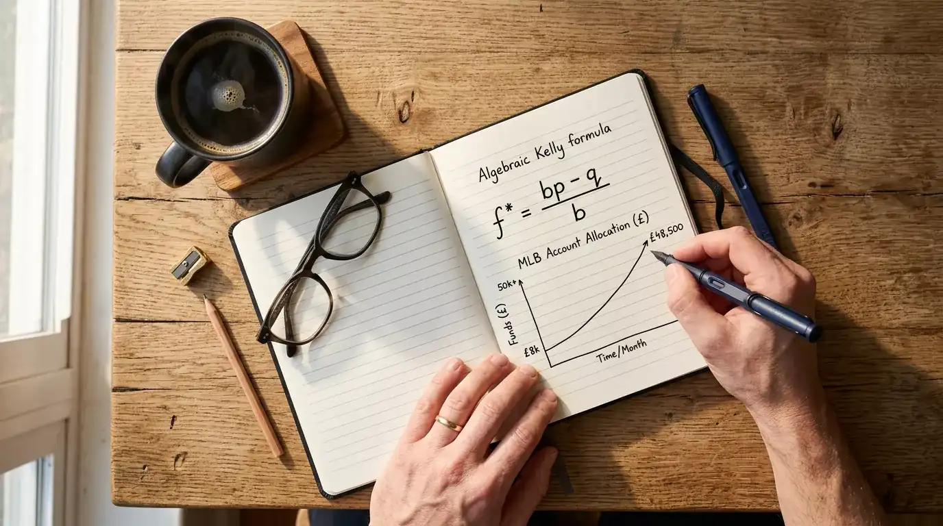 Punter studying a notebook with handwritten Kelly Criterion formula notes beside a coffee cup, planning MLB bankroll allocation in pounds sterling