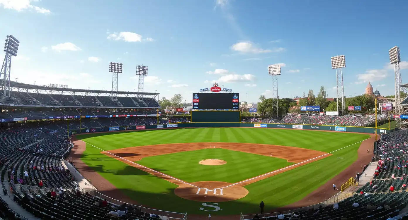 Wide-angle view of an MLB ballpark with the outfield wall and scoreboard visible, illustrating how park factors shape totals betting