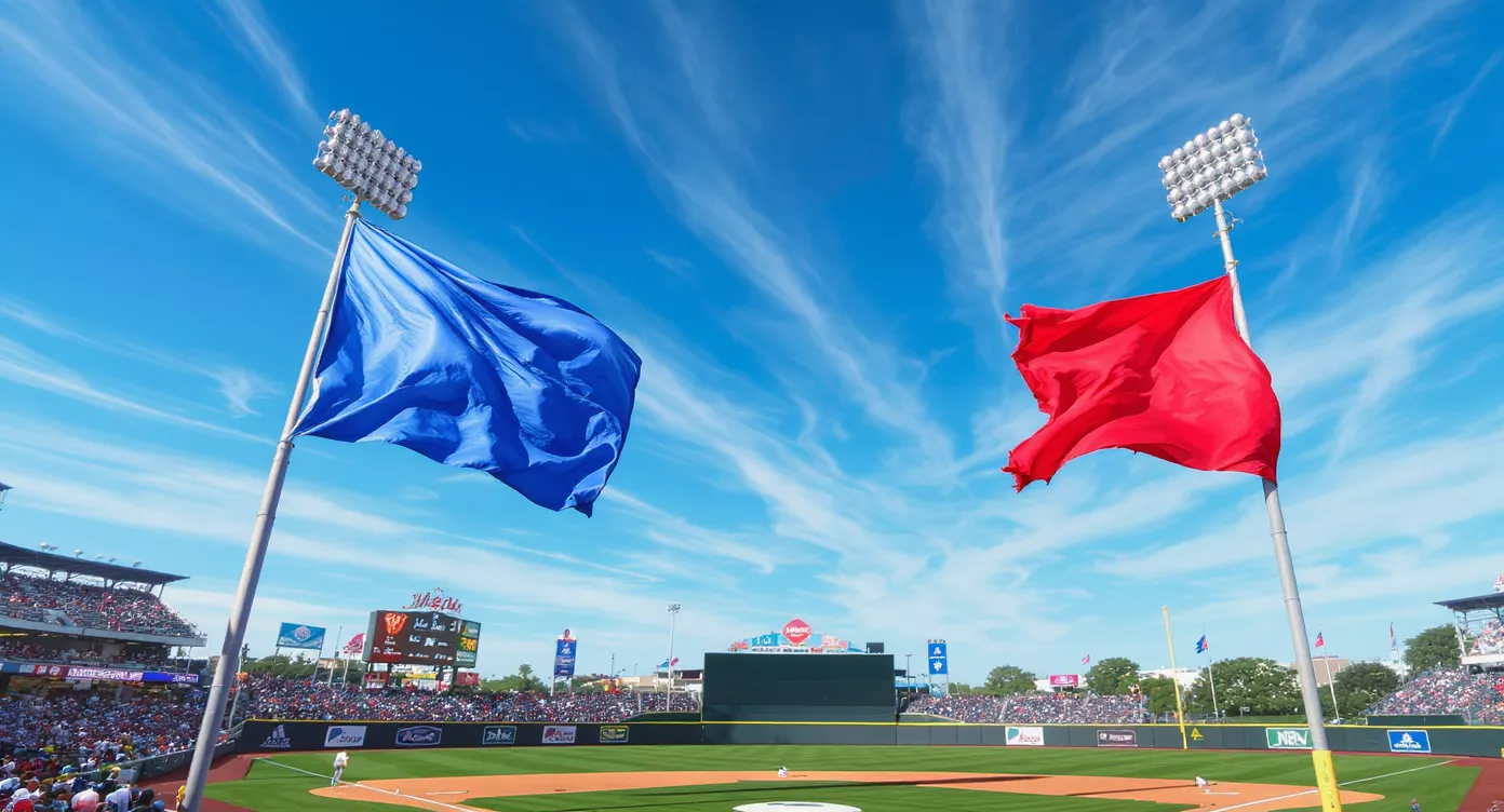 Flags blowing toward the outfield at an MLB stadium on a bright afternoon, showing the wind direction that shifts MLB betting totals